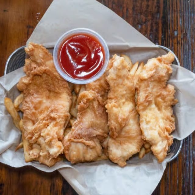 Hand Battered Chicken Strips & Fries.