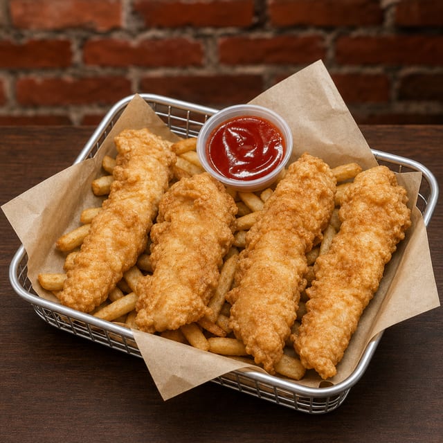 Hand Battered Chicken Strips & Fries.