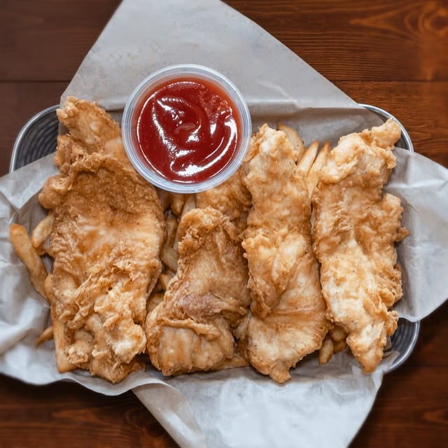 Hand Battered Chicken Strips & Fries.